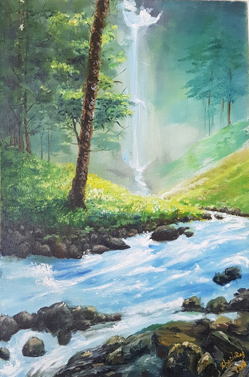 Cascading Waterfall in Oil (ART_6177_35538) - Handpainted Art Painting - 16in X 24in (Framed)