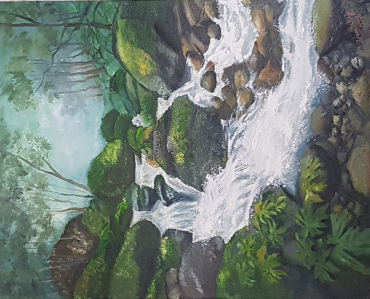 Tranquil waterfall in Coonoor (ART_6177_35528) - Handpainted Art Painting - 16in X 20in (Framed)