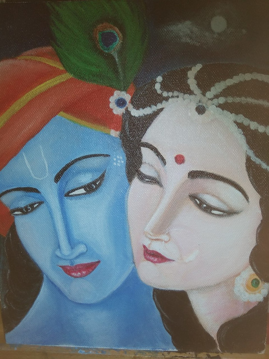 Radha krishna in the moonlit night (ART_6079_35116) - Handpainted Art Painting - 8in X 10in