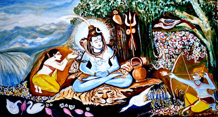 MEDITATING SIVA BEEING DISTRUBED BY KAMADEV (ART_6175_35663) - Handpainted Art Painting - 58in X 34in