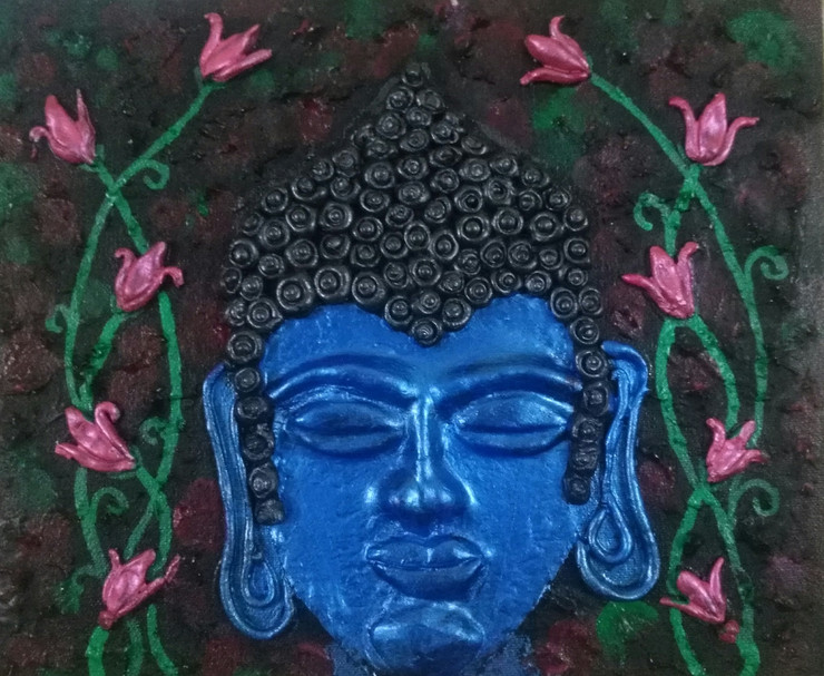 Meditating buddha relief painting clay art in canvas (ART_6074_35085) - Handpainted Art Painting - 12in X 10in