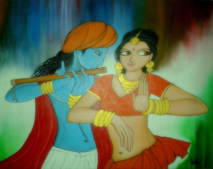 Krishna Radha (ART_6210_35688) - Handpainted Art Painting - 16in X 24in