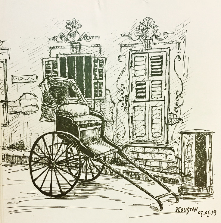 Handpulled Rickshaw of Kolkata (ART_2857_35710) - Handpainted Art Painting - 8in X 8in