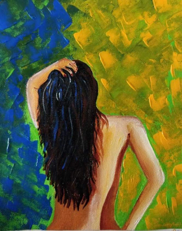 Waking up to wonder what to wear  (ART_6229_35805) - Handpainted Art Painting - 8in X 9in