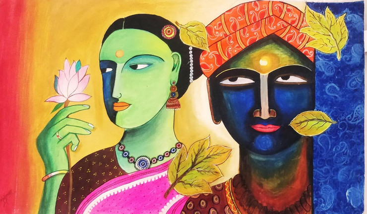 Village Couple (ART_6217_35936) - Handpainted Art Painting - 36in X 22in