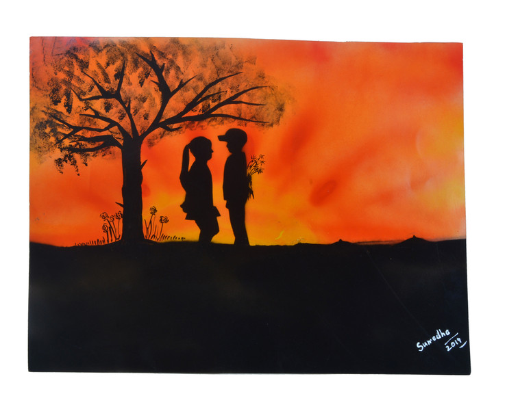 LOVE BLUSHES UNDER SUNSET  (ART_6237_35851) - Handpainted Art Painting - 22in X 17in