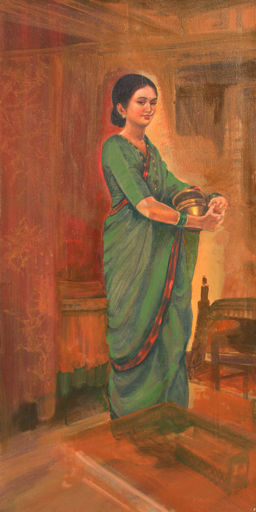 Woman in a green saree (ART_6267_36067) - Handpainted Art Painting - 25in X 50in