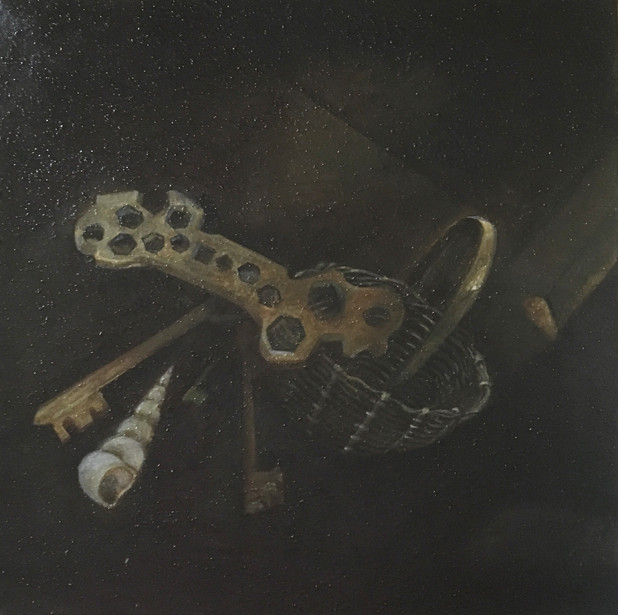 Rustic metal items at peace. (ART_6267_36192) - Handpainted Art Painting - 18in X 18in