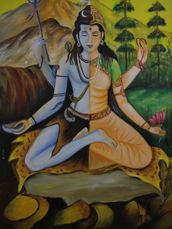 Shiv parvati (ART_5620_32404) - Handpainted Art Painting - 20in X 29in (Framed)