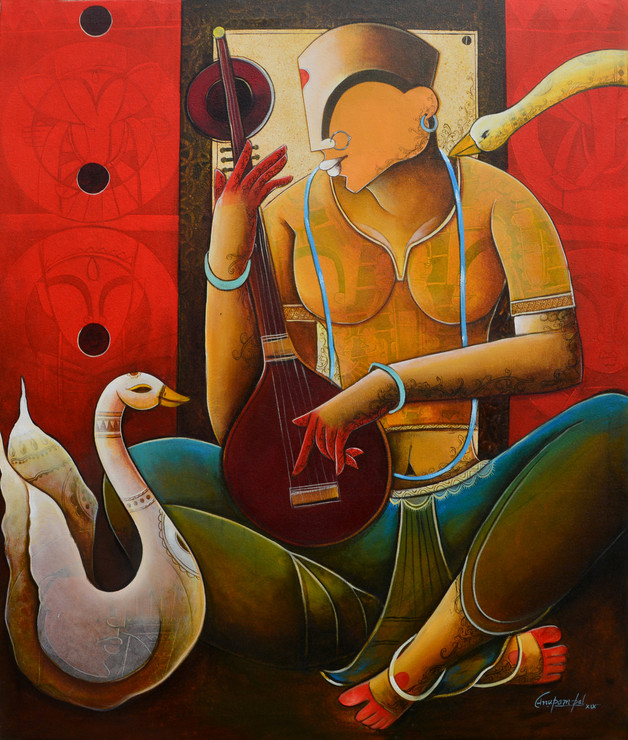 Saraswati (ART_6351_36530) - Handpainted Art Painting - 36in X 42in