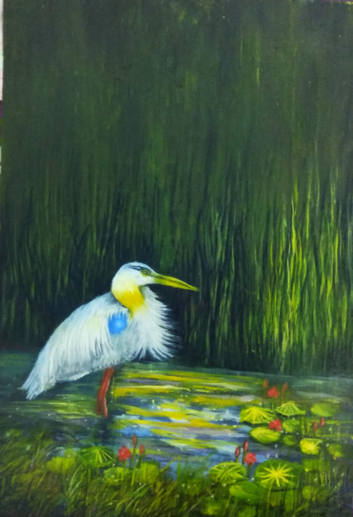 Egret (ART_6442_37030) - Handpainted Art Painting - 9in X 12in (Framed)