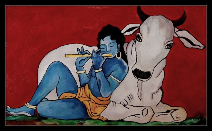 Krishna with Cow - 27in X 17in (Border Framed),ART_PHME61_2717,Artist Paresh More,Playing Music,Musical Instrument,Krishna ,cow,Buy Online painting in india