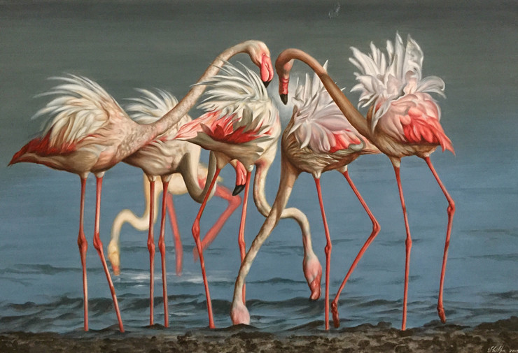 Flamingo's  (ART_6428_37074) - Handpainted Art Painting - 21in X 14in
