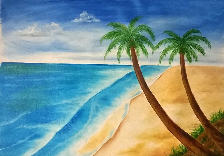 Calm Sea Beach (ART_1035_37428) - Handpainted Art Painting - 45in X 35in