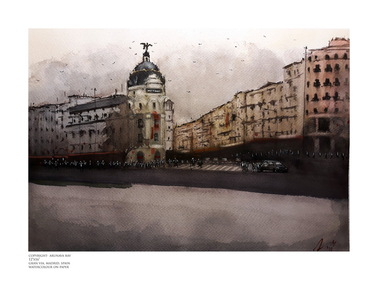 Gran Via Madrid Spain (ART_5950_37564) - Handpainted Art Painting - 16in X 12in