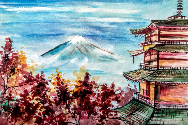 Mt.Fuji (ART_5576_37761) - Handpainted Art Painting - 10in X 7in