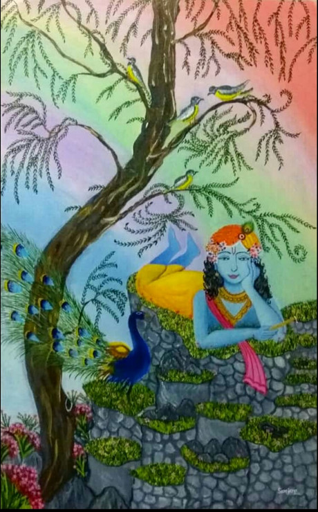 Bal krishna handmaded painting  (ART_6605_38052) - Handpainted Art Painting - 20in X 30in