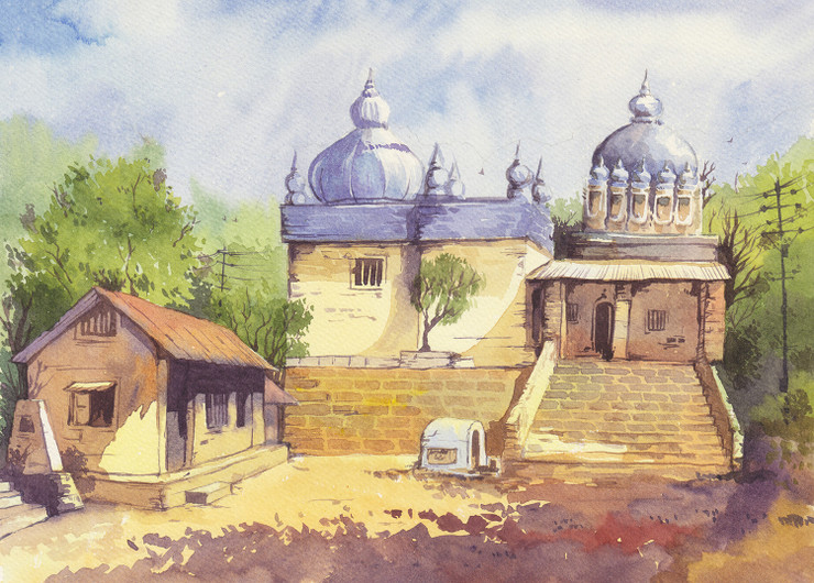 Village and Temple 03 (ART_1487_13457) - Handpainted Art Painting - 14in X 10in