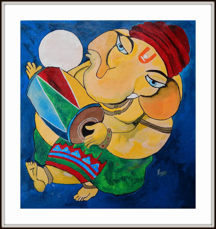 Ganesha In Musical Mood - 21in X 20in (Border Framed),ART_PHME50_2120,Artist Paresh More,Ganesha,ganesha with musiacal instruments,ganesha paintings, Buy Online painting in india