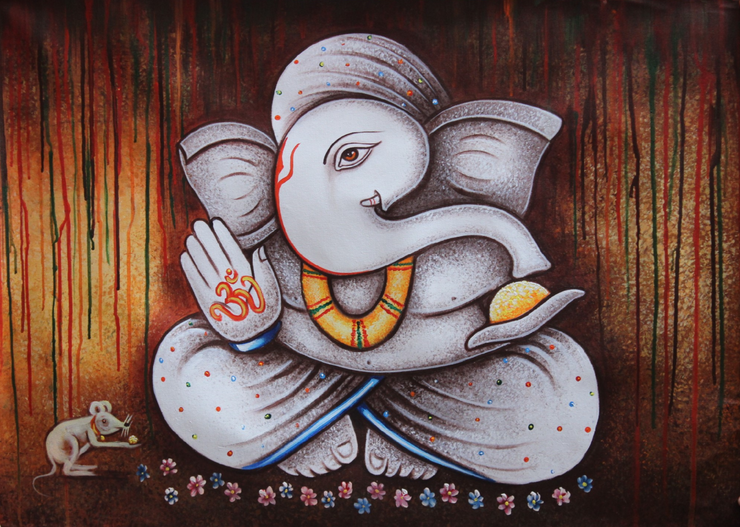 Lord Ganesha with mushak-06 (ART_3319_38015) - Handpainted Art Painting - 36in X 24in