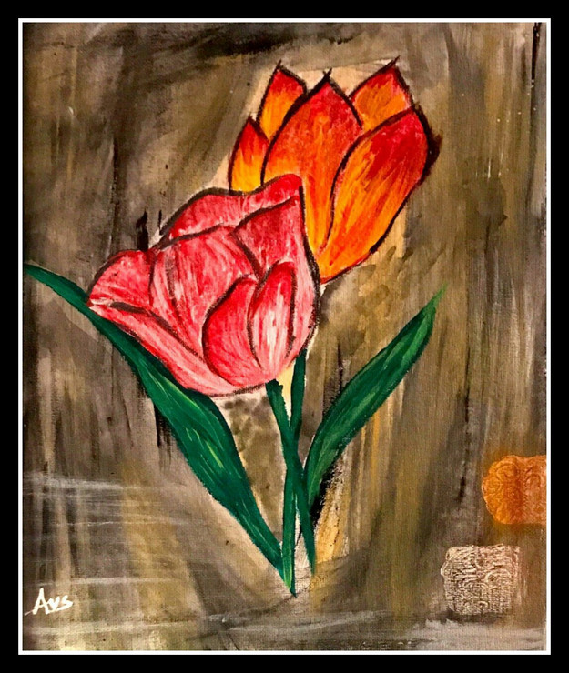 An abstract modern tulips (ART_6665_38373) - Handpainted Art Painting - 11in X 13in (Framed)