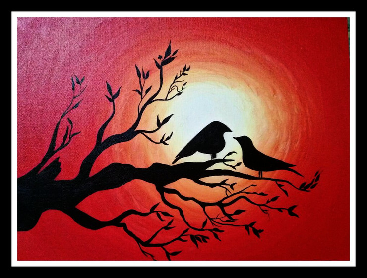 Love birds on a tree (ART_6665_38364) - Handpainted Art Painting - 17in X 13in (Framed)