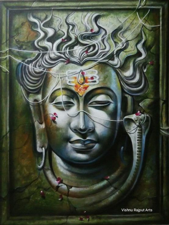 Lord Shiva with Meditation Medium (ART_6662_38420) - Handpainted Art Painting - 36in X 48in