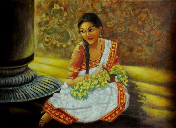 Lady with flowers (ART_5949_38398) - Handpainted Art Painting - 30in X 20in