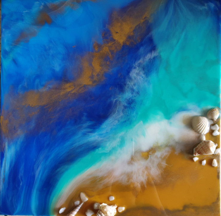 Glistening ocean with Golden sand (ART_1718_38438) - Handpainted Art Painting - 18in X 18in (Framed)