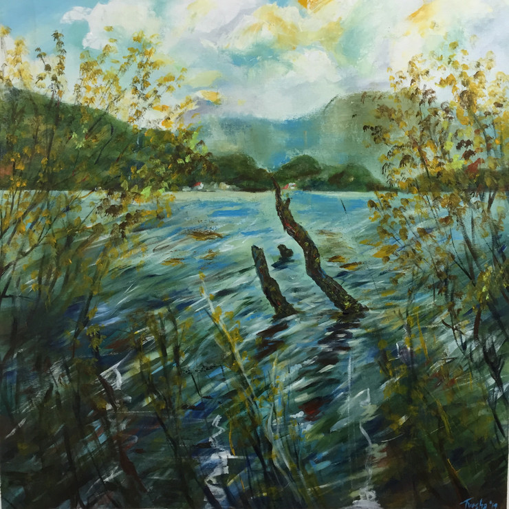 Autumn At Bhimtal (ART_6676_38484) - Handpainted Art Painting - 30in X 30in