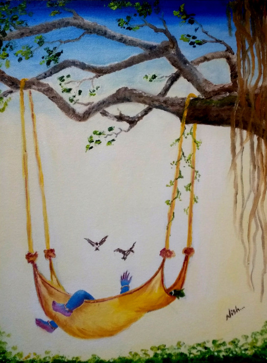 Krishna in cradle (ART_6688_38667) - Handpainted Art Painting - 12in X 16in