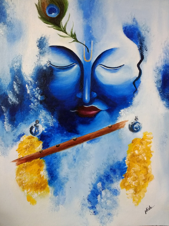 Shri Krishna oil on canvas (ART_6688_38666) - Handpainted Art Painting - 12in X 16in