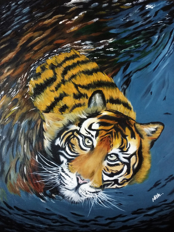 Realistic tiger in water (ART_6688_38652) - Handpainted Art Painting - 18in X 24in