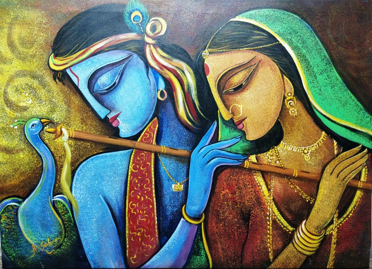 Radha Krishna (ART_6730_39061) - Handpainted Art Painting - 36in X 26in