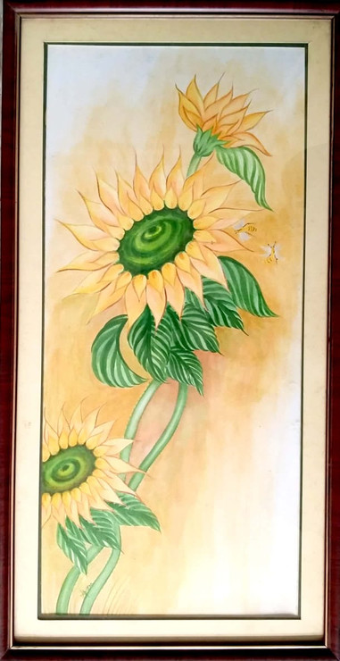 Sunflower with leafs (ART_6733_39030) - Handpainted Art Painting - 24in X 12in (Framed)