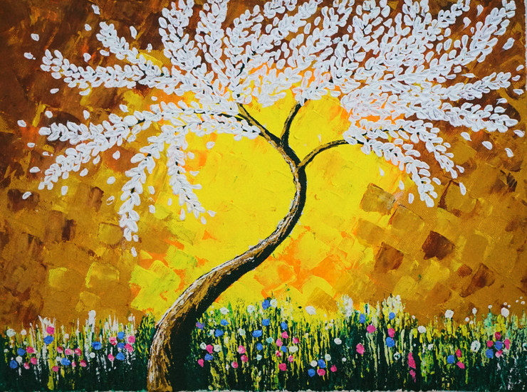White leaves tree thick Palette knife Acrylic (ART_6491_37260) - Handpainted Art Painting - 16in X 12in (Framed)