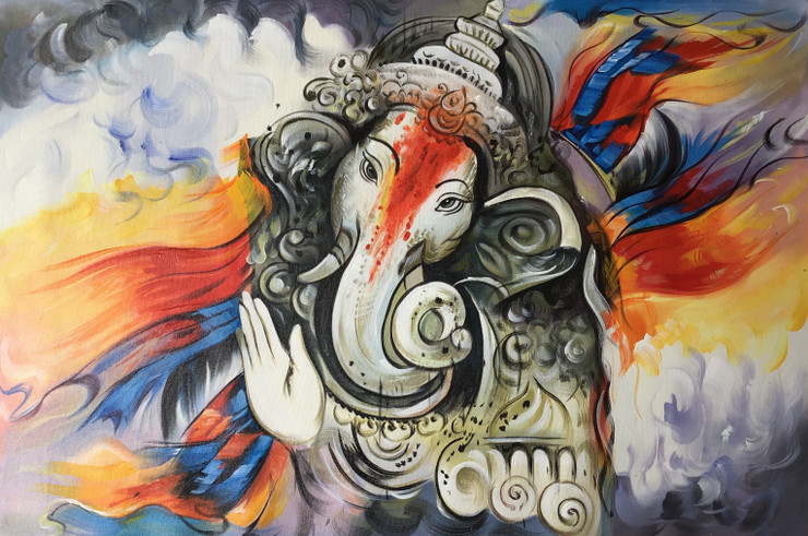 Ganesha painting  (ART_6706_39132) - Handpainted Art Painting - 24in X 36in