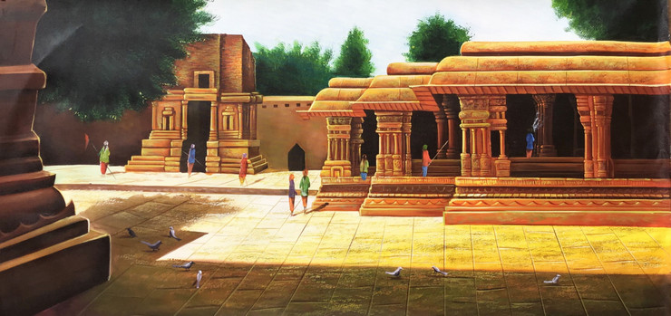 Temple painting (ART_6706_38946) - Handpainted Art Painting - 30in X 48in