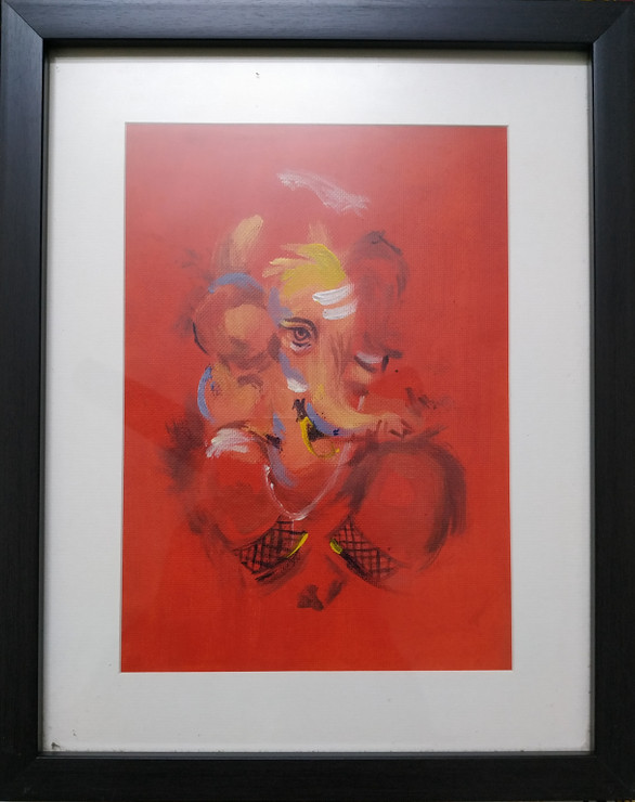 Red Ganesha (ART_5814_39160) - Handpainted Art Painting - 11in X 14in (Framed)