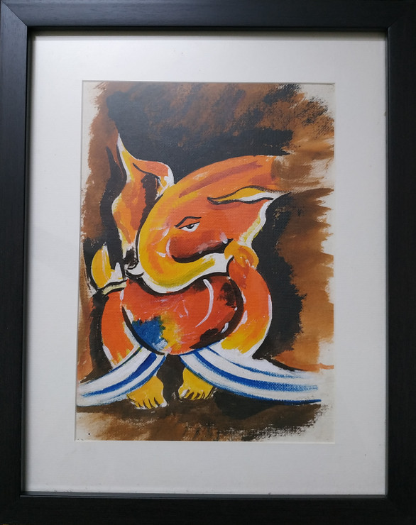 Orange Ganesha (ART_5814_39159) - Handpainted Art Painting - 11in X 14in (Framed)