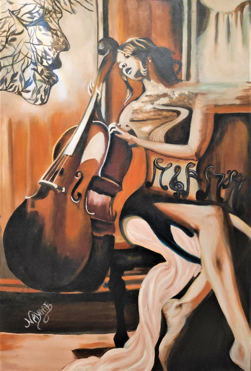The Cellist  (ART_194_39152) - Handpainted Art Painting - 25in X 37in (Framed)