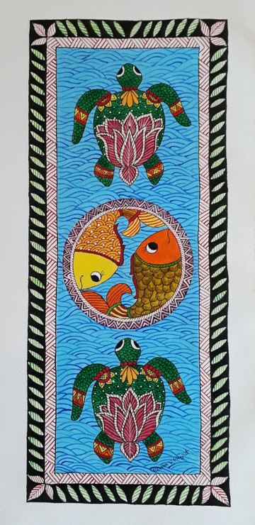 Fish and Turtle  (ART_254_39227) - Handpainted Art Painting - 7in X 16in