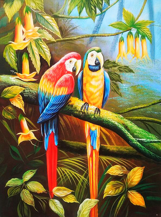 Parrots painting  (ART_6706_39500) - Handpainted Art Painting - 24in X 36in