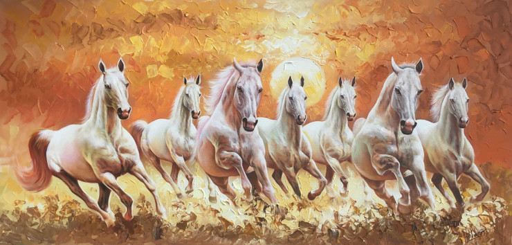 7 running horses  painting  (ART_6706_39582) - Handpainted Art Painting - 48in X 24in