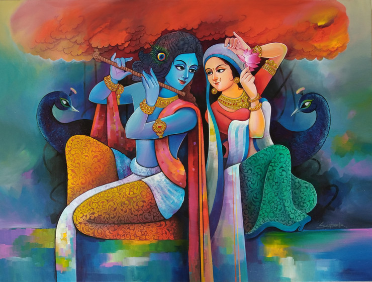 Radha Krishna Love 3 (ART_3298_35612) - Handpainted Art Painting - 48in X 36in