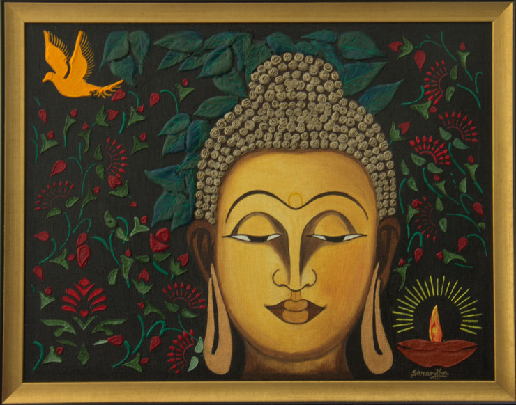 Tranquil Buddha (ART_65_13256) - Handpainted Art Painting - 20in X 16in (Framed)
