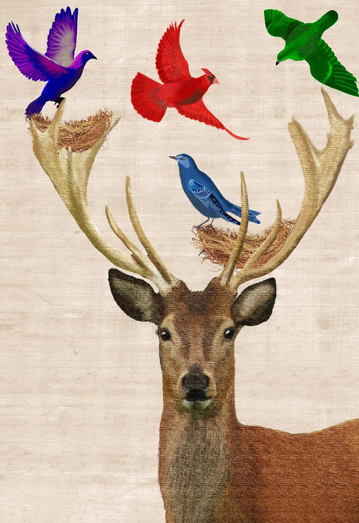 Deer With Colourful Birds (PRT_1281) - Canvas Art Print - 28in X 41in