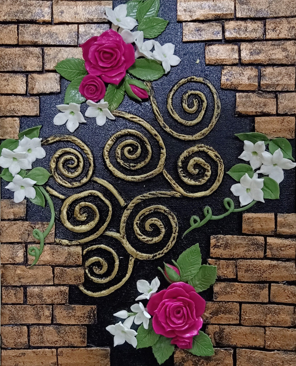 Handmade 3D Brick Wall with Roses and Jasmine on a Canvas (ART_6818_39994) - Handpainted Art Painting - 8in X 10in