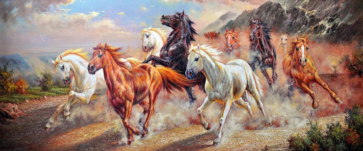 9 Running Horses (PRT_1306) - Canvas Art Print - 34in X 14in
