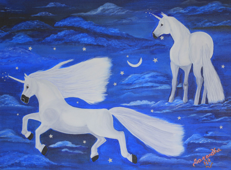 Unicorn-Mystery or Myth (ART_65_25864) - Handpainted Art Painting - 27in X 21in (Framed)